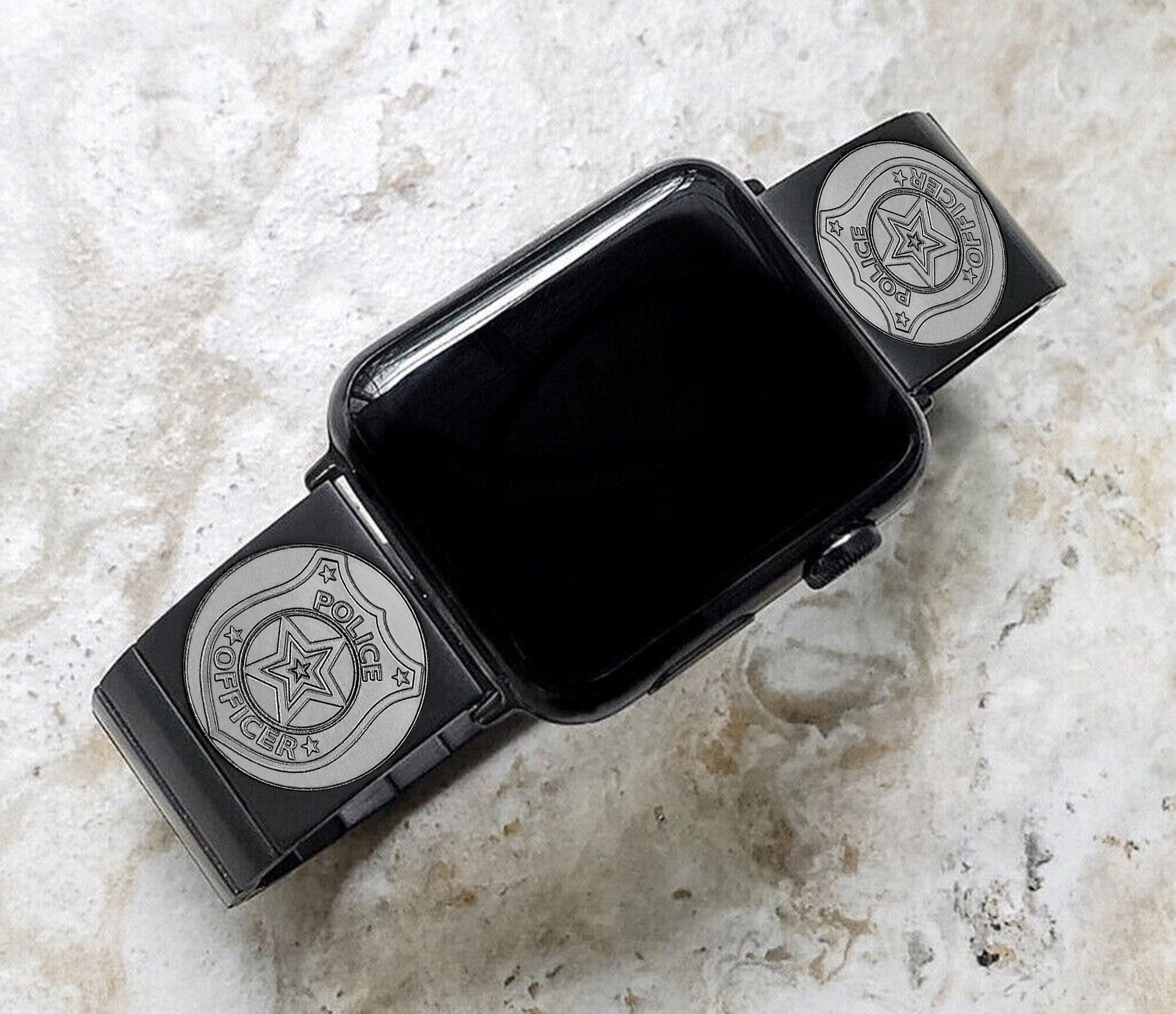 Police Badge Engraved Band for Apple iWatch Ultra 2 9 8 7 SE 6 5 4 3 2 1 Case 38mm 40mm 41mm 42mm 44mm 45mm 49mm Black St Steel Strap PB4